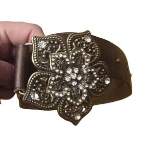 Guess Brown Leather Floral Rhinestone Buckle Belt Embossed Studded Western Boho